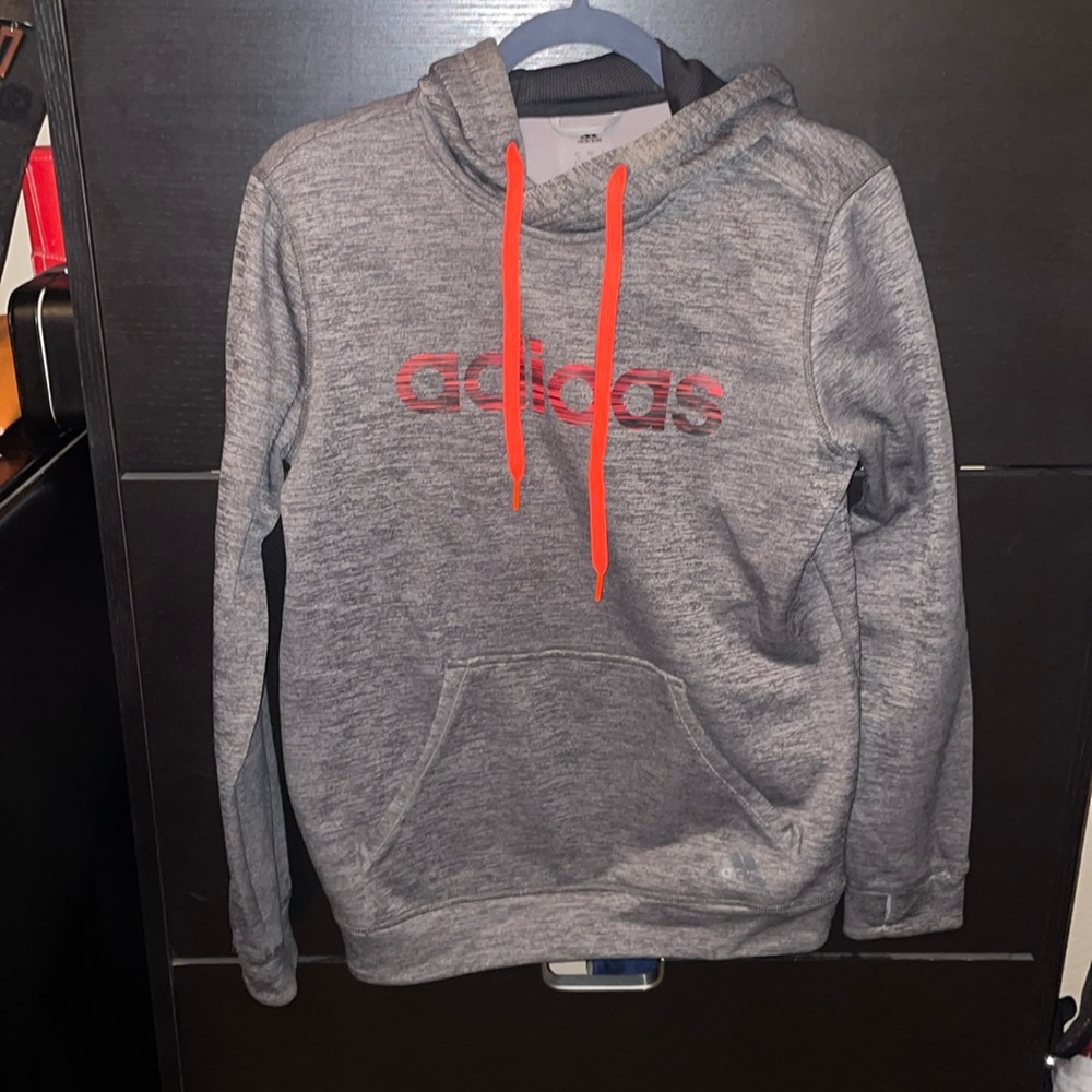 Adidas women’s climawarm  grey hoodie-fire red logo